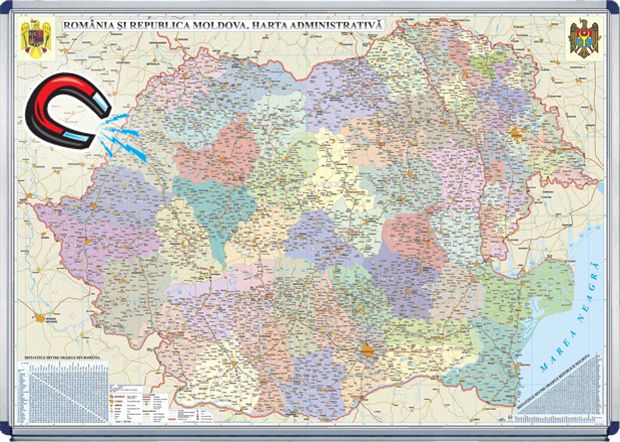 Romania si Republica Moldova. Harta administrativa operativa magnetica